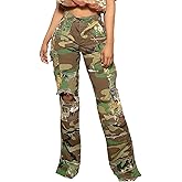Vaceky Womens Camouflage Painted Distressed Ripped Straight Leg Cargo Pants