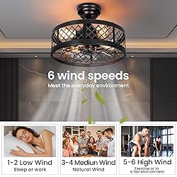 MOBEYU 16.5" Caged Ceiling Fan with Light,Rustic