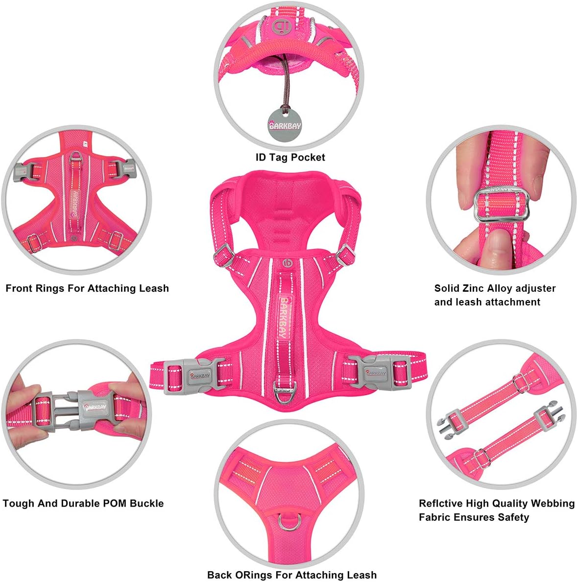 BARKBAY No Pull Dog Harness Front Clip Heavy Duty Reflective Easy Control Handle for Large Dog Walking with ID tag Pocket(Pink,S) - Image 5