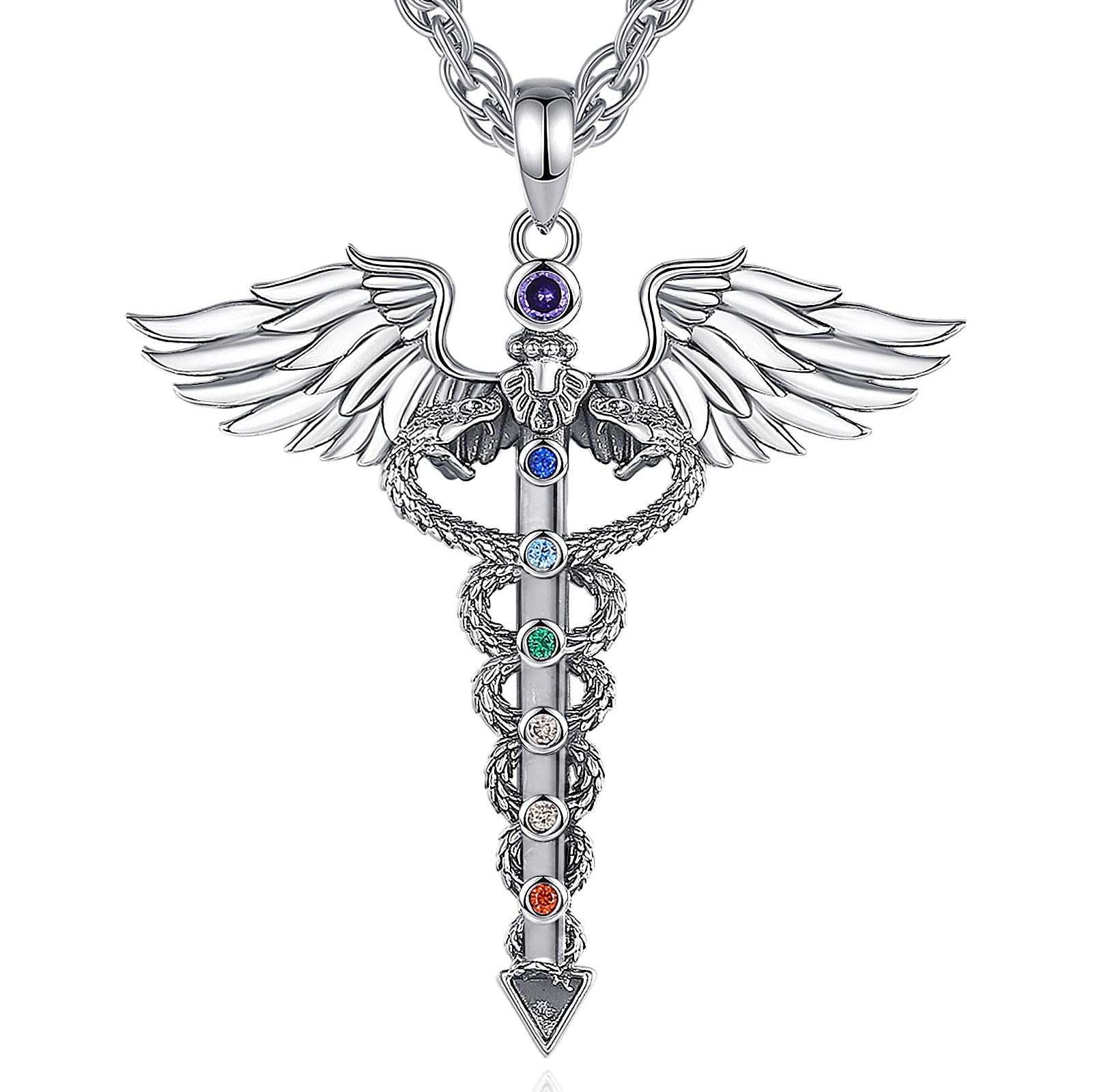 CELESTIA Silver Caduceus 7 Chakra Necklace for