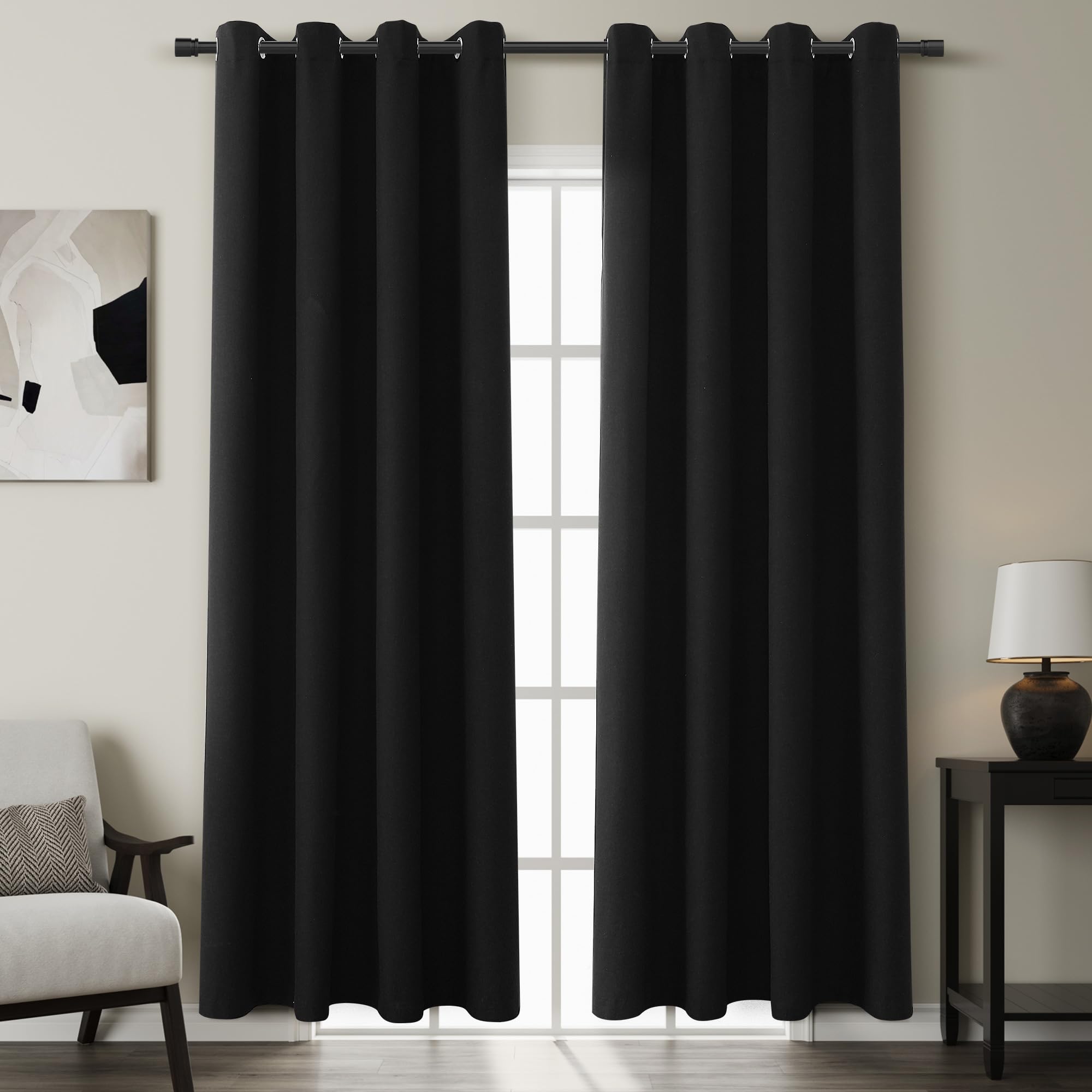 Photo 1 of 100% Blackout Linen Curtains for Bedroom Thermal Insulated Grommet Complete Blackout Drapes 80 Inch Length 2 Panels Set Heat and Full Light Blocking Living Room Darkening Curtains Black