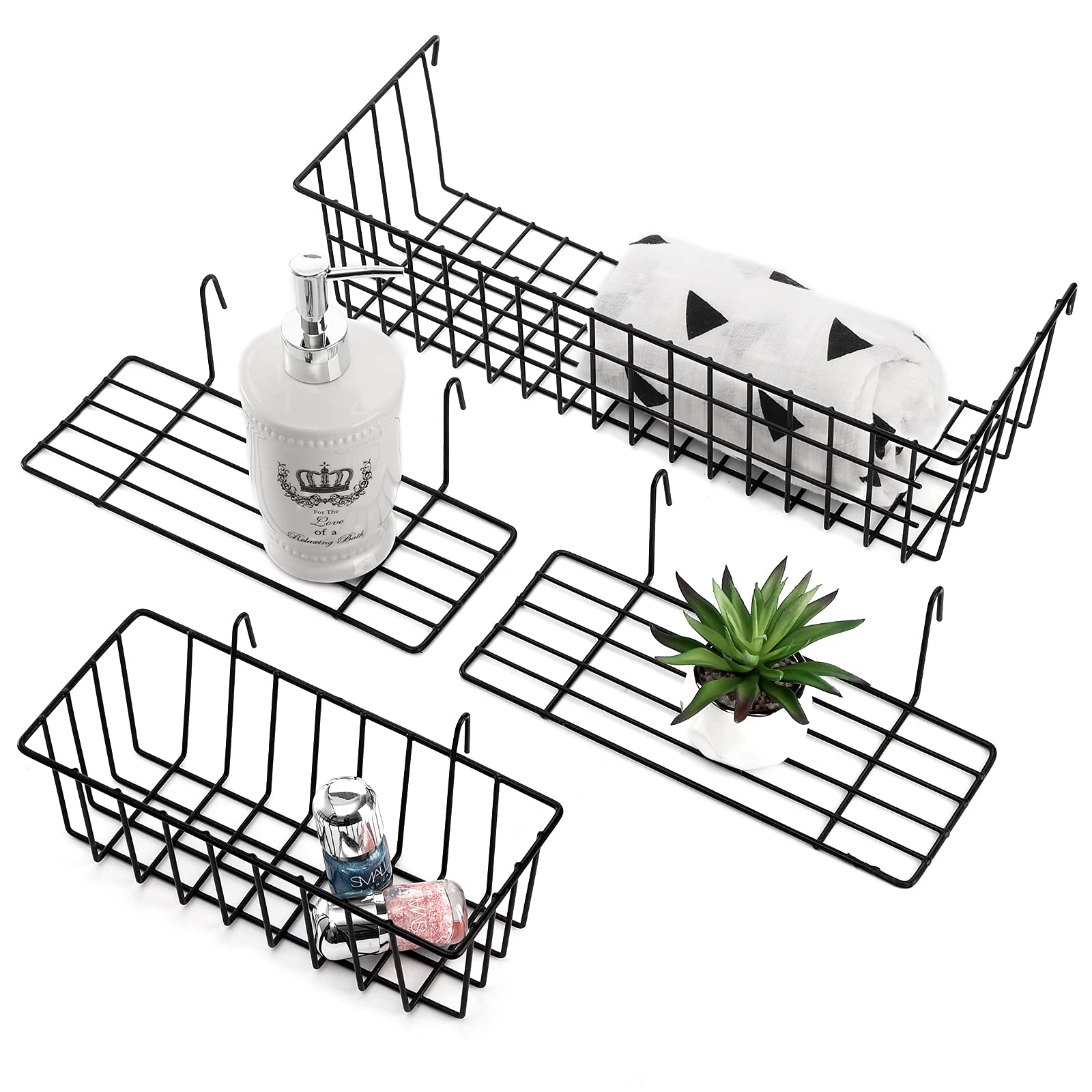 Cedilis Set of 4 Wall Grid Panel, Straight Wire Shelf and Basket, Display Hanging Storage Rack for Room Organizer, 2 Wire Basket and 2 Shelf