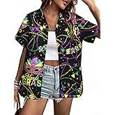 Mardi Gras T-Shirt Hawaii Shirts Women Street Carnival Themed Masks Graphic Tees Beach Vacation Short Sleeve Button Up Tops