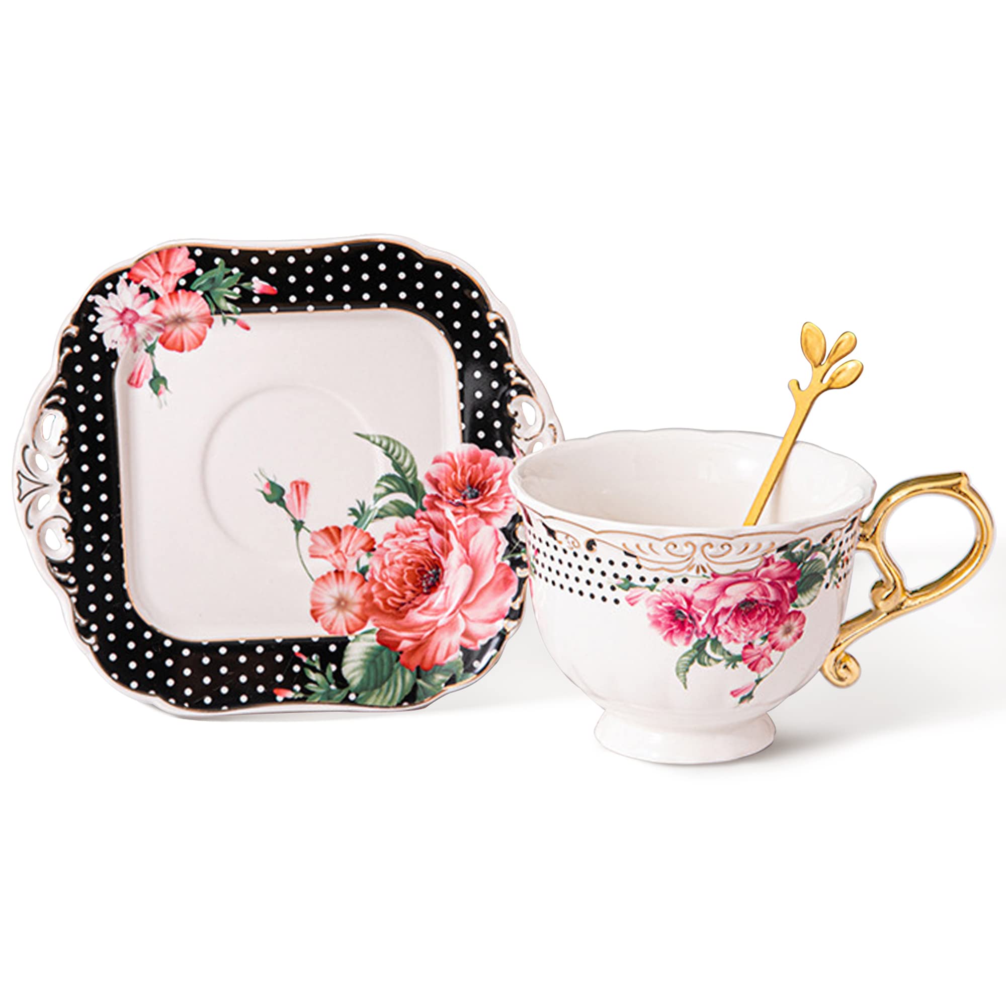 fanquare Flower Coffee Tea Cup and Saucer, British Porcelain Tea Cup Set, Vintage Coffee Cup with Gold Trim, Black