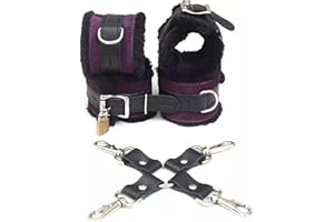 Leather Pro Impact Handmade Leather Fur Lined Restraint Set with Wrist Cuffs & Ankle Cuffs Collar & Cross Connector Purple & 
