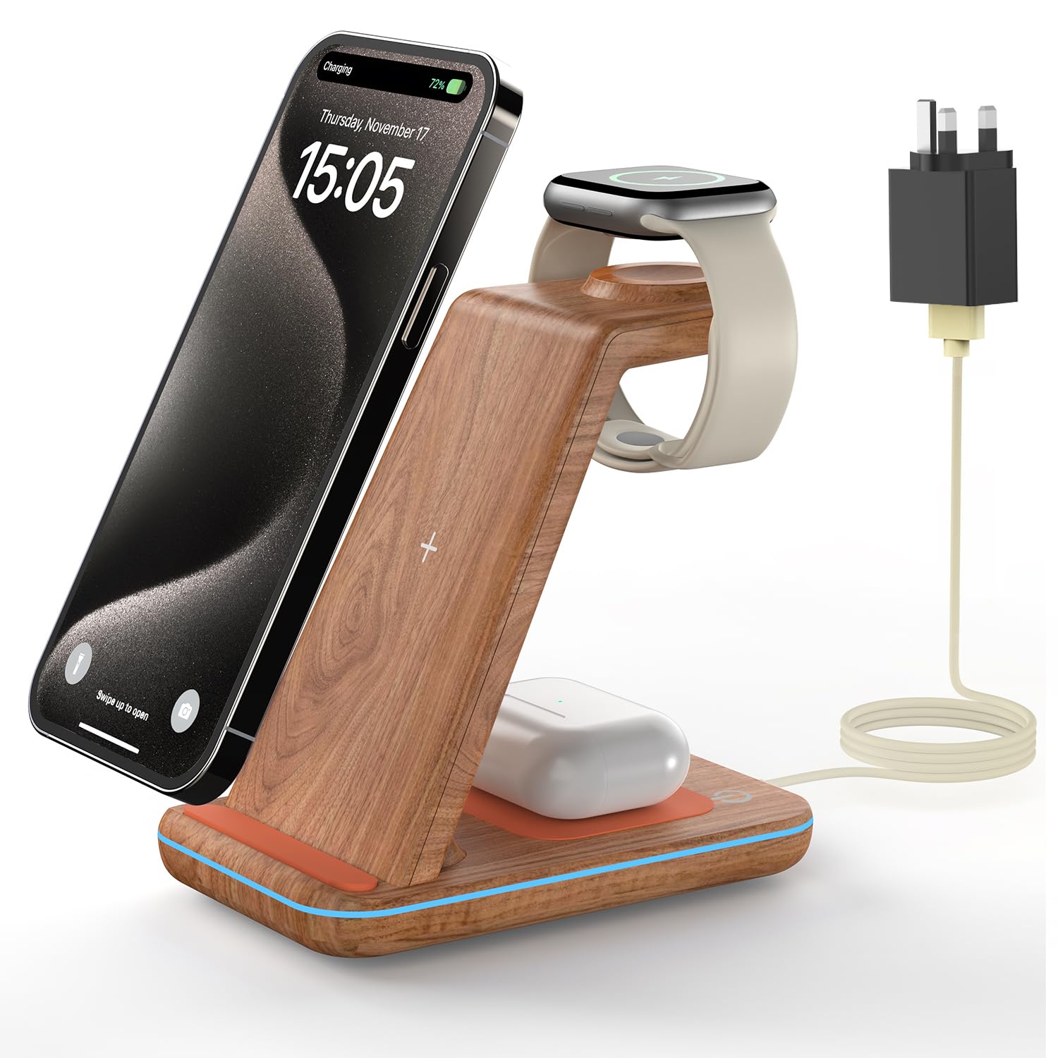 GEEKERA Wireless Charger, 3 in 1 Wireless Charging Station for iPhone Air/17/16/15/14/13/12/11/Pro Max/X/8, Phone and Watch Charger Stand for Apple Watch Ultra 3-2/11-2/SE, AirPods Pro-2, Wood Grain