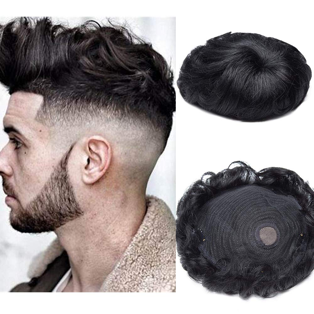Mens Toupee Clip in Hair Toppers For Thinning Hair Women Men Real Hair Top Hair Topper Hairpiece 4inch Natural Human Hair #1 Jet Black