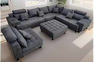 Stendmar 5-Piece L Shape/U Shape Living Room High Back with Headrest Reversible Contemporary Dark Grey Microfiber Fabric Sectional Couch Sofa Set S150D5A