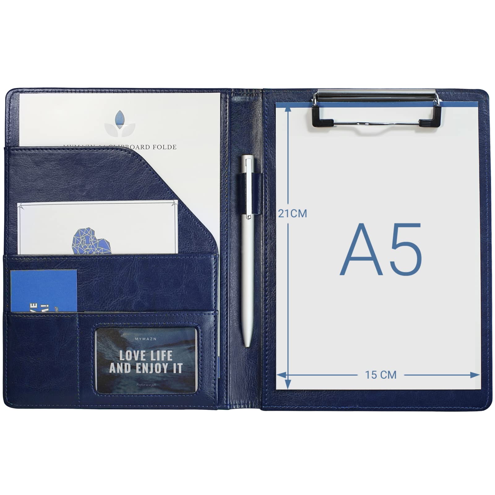 A5 Clipboard Folder with Pen Holder, PU Leather Conference Folder Portfolio Notepad Holder, Foldover Clipboard for A5 Legal Pad Writing Paper Organiser (Blue)