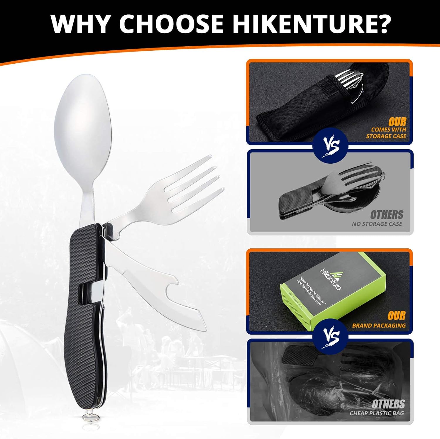 Hikenture Camping Utensils with Case 4-in-1 Folding Flatware Stainless Steel Fork Knife Spoon Bottle Opener Travel Cutlery Hobo Multitool Set(Black 2 Pack) : Sports & Outdoors