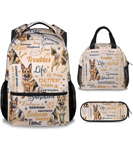 Horeset German Shepherd Print Backpack for Boys Girls School Bag with Lunch Box+Water Bottle Bag(3 in 1), Casual Rucksack Elementary School Bookbag for Camping Outdoor