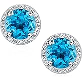 SMILEST Gifts for Her - 925 Sterling Silver Halo Birthstone Earrings, Round Cut Birthstone Stud Earrings Anniversary Birthday Gifts for Women Mom Wife Daughter Girlfriend Grandma