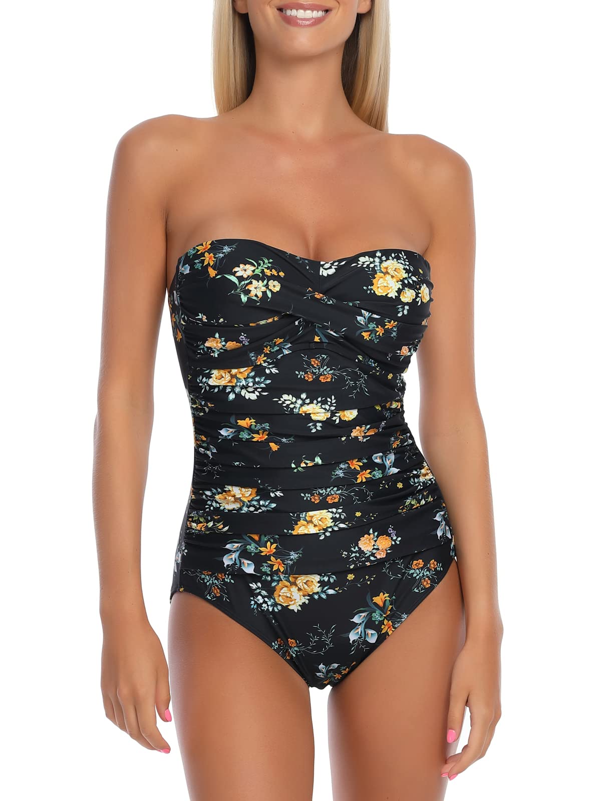 Photo 1 of RELLECIGA Women's Tummy Control One Piece Swimsuit Bandeau Strapless Ruched Bathing Suits(Black-Yellow Floral,XLarge)