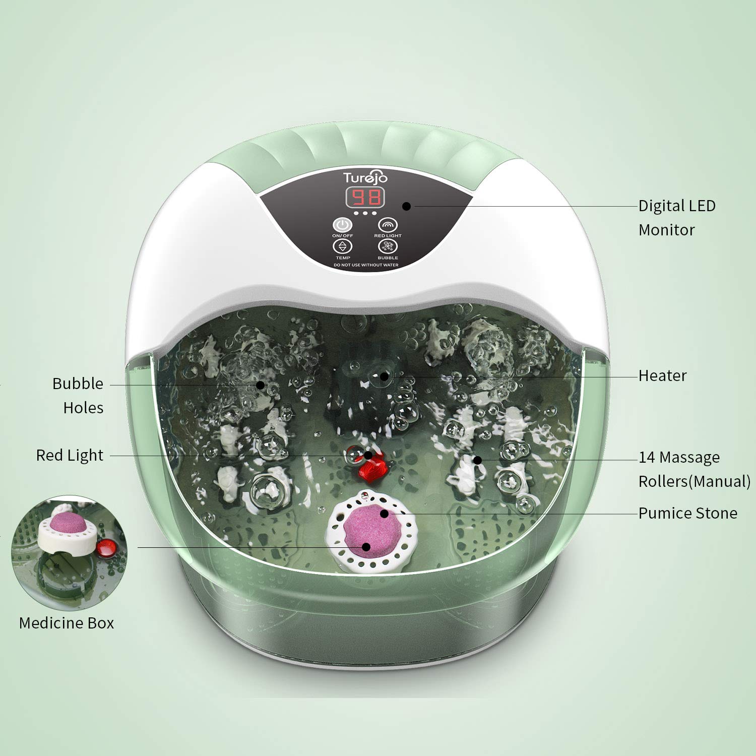 Turejo Foot Spa/Foot Bath Massager with Heat, Bubbles,14 Massage Rollers, Temperature Control, Pumice Stone and Medicine Box for Spa Treatment at Home, Fatigue Relief-Neo Mint Green: Beauty