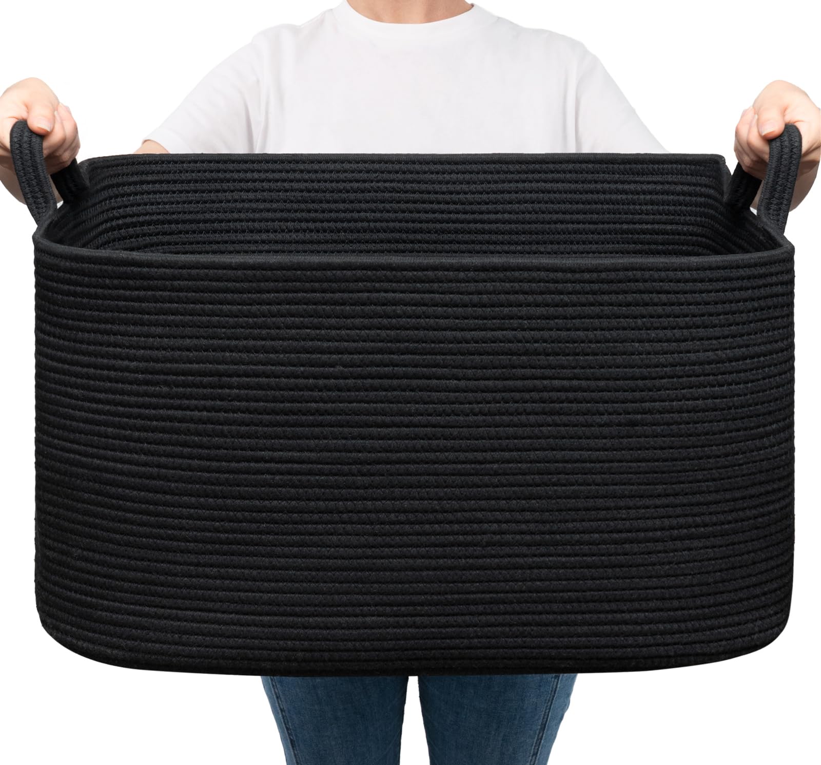 Laundry Basket, Large Storage Basket for Toys, Towels, Blankets, Woven Baskets for Storage Dirty cloths, Cotton Rope Baskets in Living Room, Bathroom, Black, 55x38x30 cm, 65L