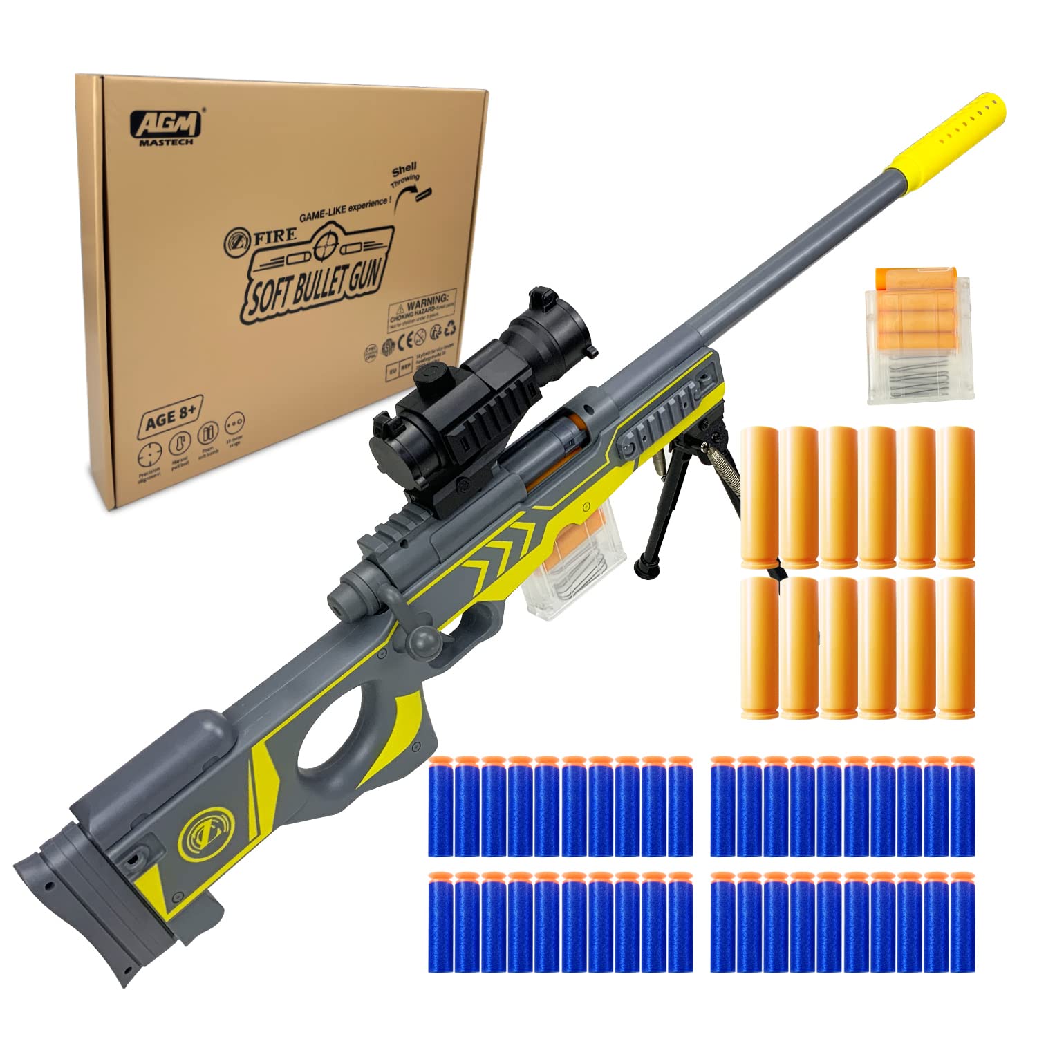 AGM MASTECH AWM Soft Bullet Toys Gun, Empty Shell Ejecting Design, 40 Soft Foam Darts, 20 Shells, 2 Magazines. Toy Blaster Gun for Parties, Family Fun, Kids & Adults (Gray)