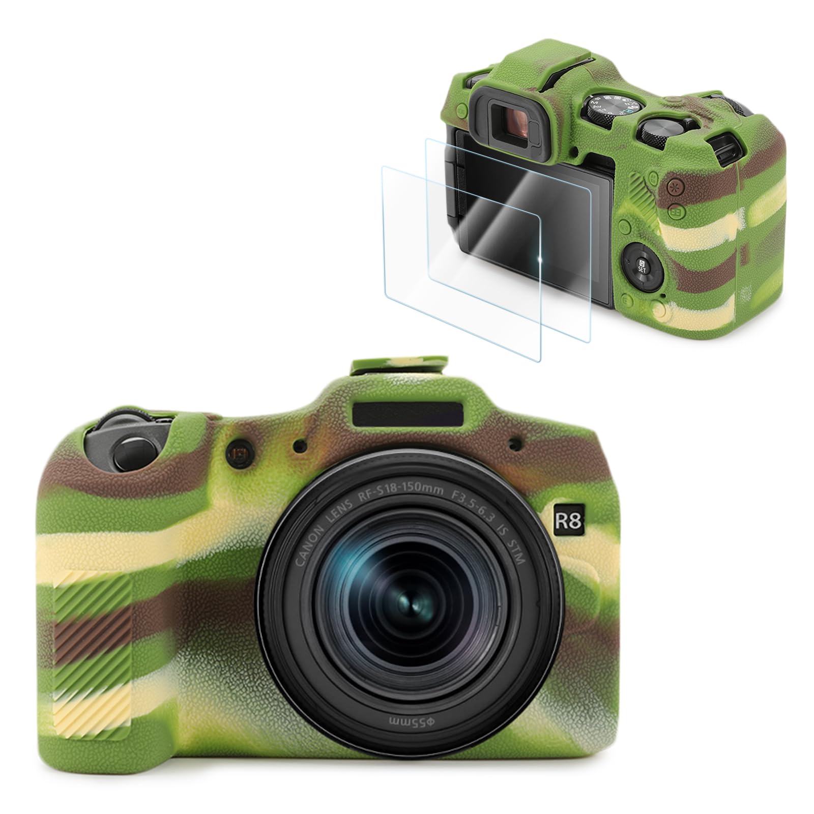 VOVMOEYA Compatible with CANON EOS R8 Camera Case Accessories kit[with 2 LCD tempered films],EOS R8 soft Silicone Protective Camera case enhanced grip sensation lightweight 9H 0.25mm-CAMOUFLAGE