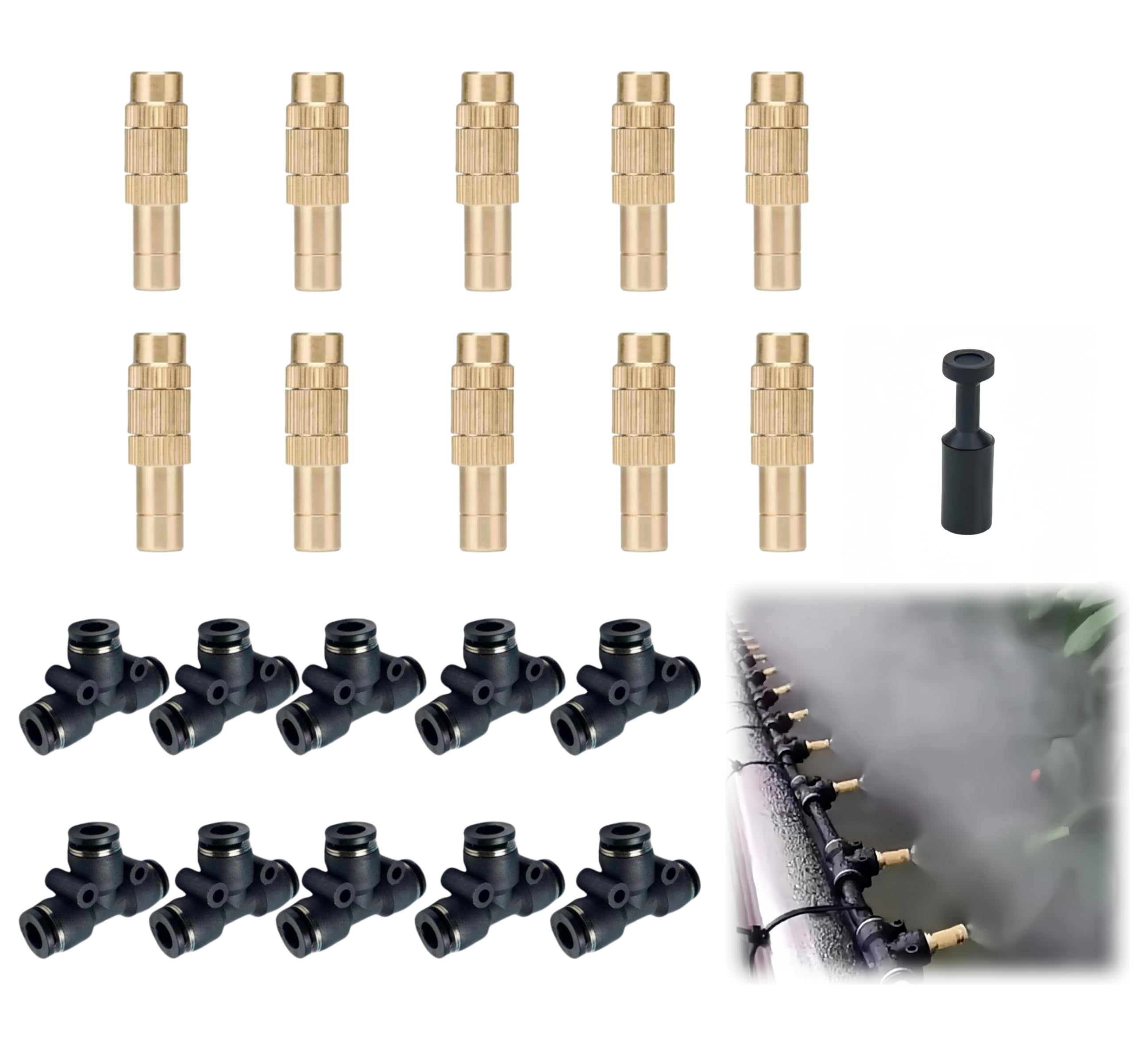 Photo 1 of 10 pk 1/4 Brass Misting Nozzles Tee Adjustable Copper Sprayer, Three Section type,0.039"/1mm Orifice Watering Plant Drip Irrigation Pneumatic Fittings Connection for Watering Garden?Black?