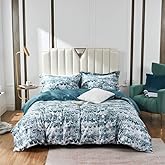 MILDLY 100% Long Staple Cotton King Duvet Cover Set, Aqua Blue Peacock Tail Plume Pattern Printed Comforter Cover Set