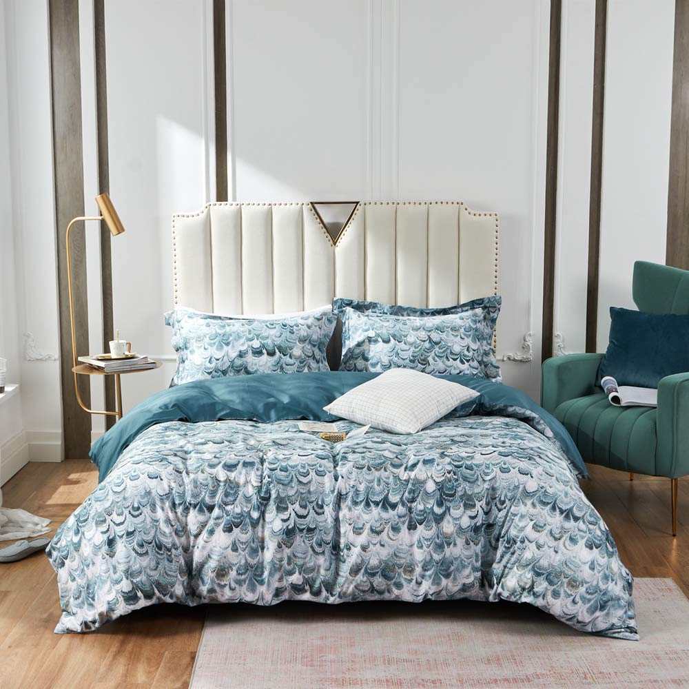 Photo 1 of MILDLY 100% Long Staple Cotton Duvet Cover Set Queen Size, Aqua Blue Peacock Tail Plume Pattern Printed Comforter Cover Set
