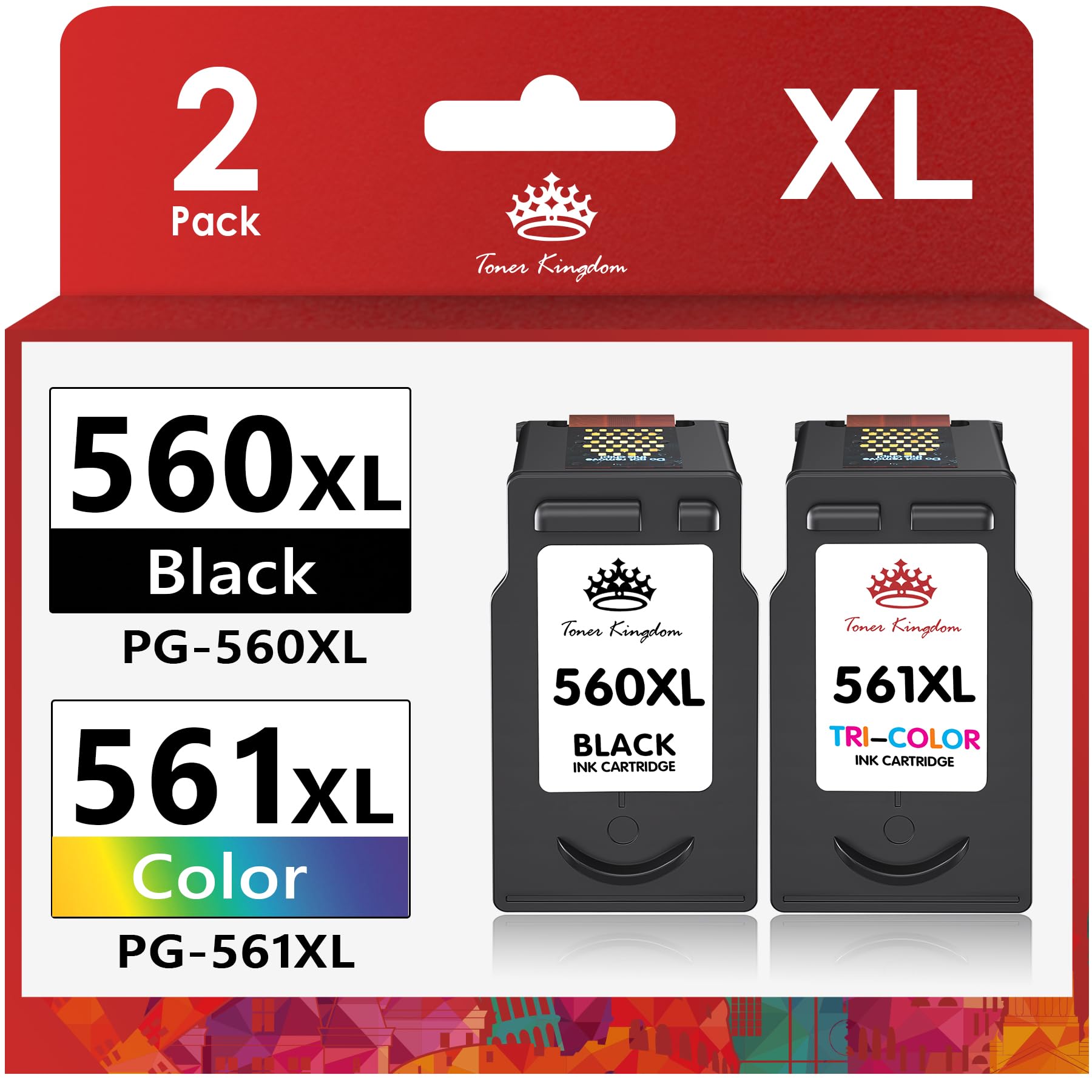 Toner Kingdom 560 561 XL Ink Cartridges Replacement for Canon 560 561 XL Ink Cartridges Compatible with Canon PIXMA TS5350i TS5350 TS5351 TS5352 TS5353 TS7450 TS7451 (1 Black, 1 Tri-Colour, 2-Pack)