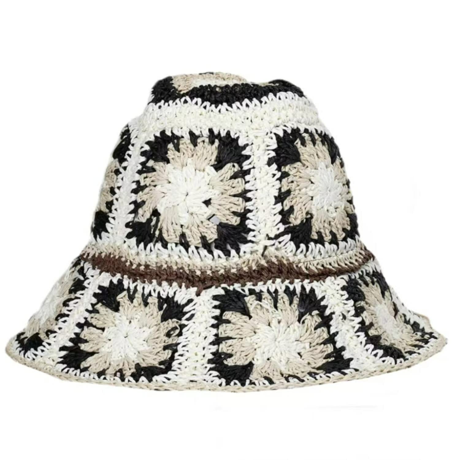Photo 1 of Women Straw Sun Hat Floral Woven Crochet Bucket Hat Y2k Aesthetic Accessories Beach Hat Hand Woven Boho Foldable Cap (Black,One Size)