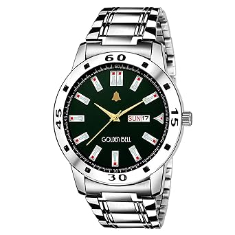 Golden Bell Chronicle Day and Date Calender Function Chronograph Display Green Dial Silver Metal Chain Mens Watch - GB-1150