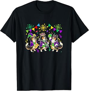 Three Cute Shelties Mardi Gras Masked Beads Funny Parades T-Shirt