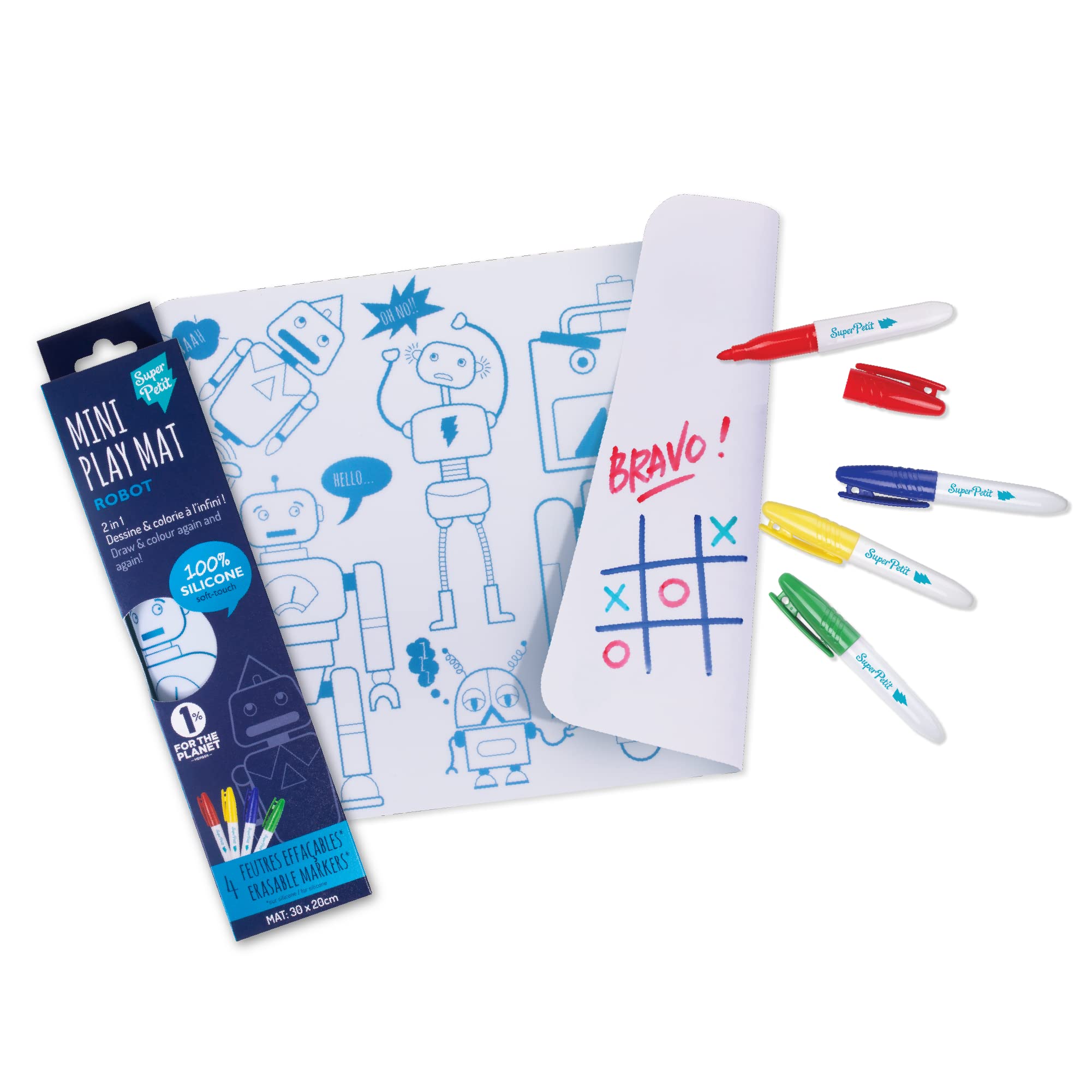 SUPER PETIT - Educational Game - Robot Colouring - Reversible - Comes with 4 erasable Felt tip pens in Different Colours - Easy to Clean - Reusable - Antibacterial - from 3 Years