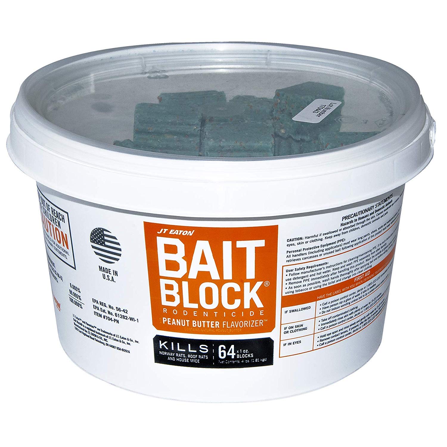 JT Eaton 704-PN Bait Block Rodenticide Anticoagulant Bait, Peanut Butter Flavor, For Mice and Rats (Pail of 64): Industrial & Scientific