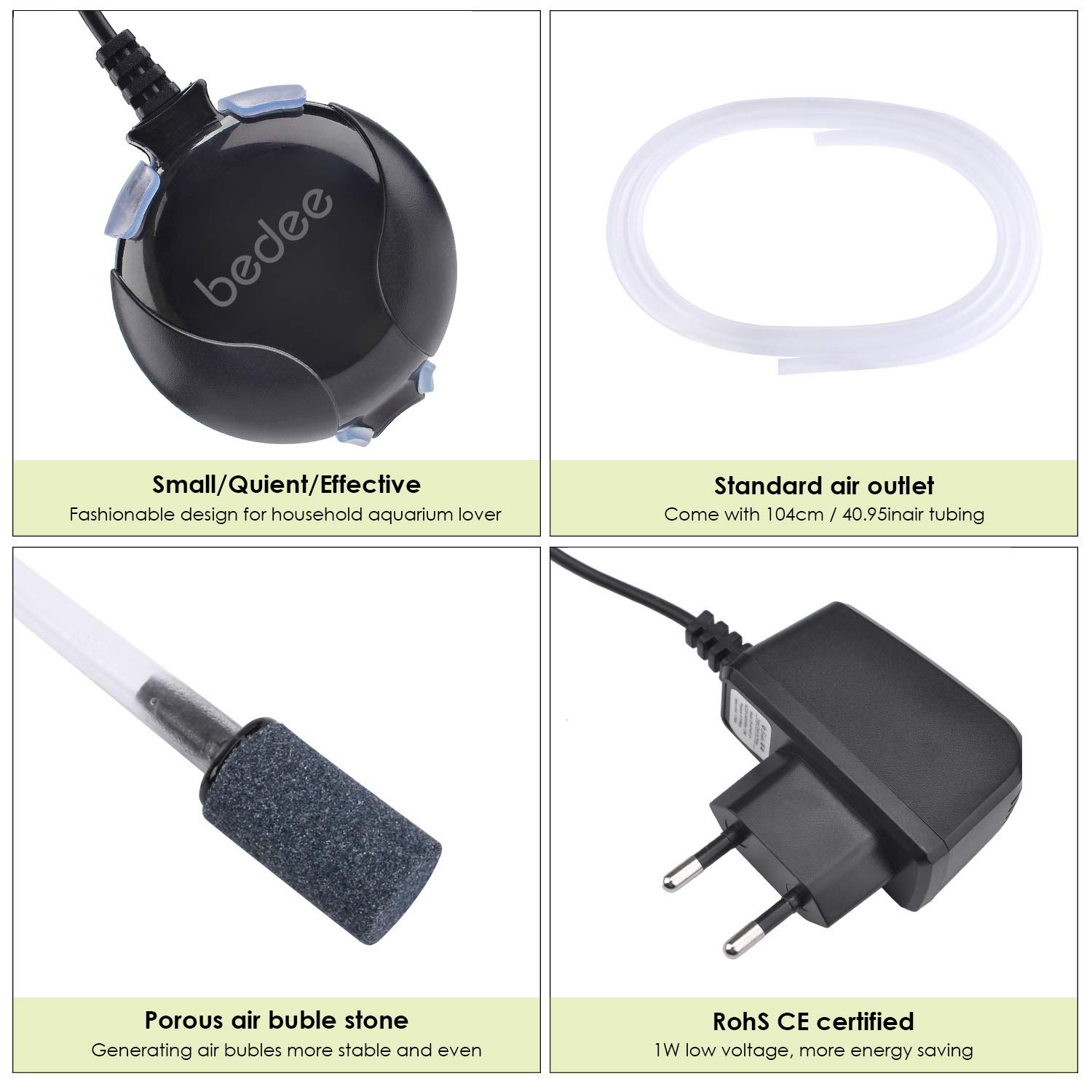 Pompa D\'aria per Acquario,bedee Mini Pompa Ossigeno Acquario Ultra Silenziosa a Risparmio Energetico 1W con Tubo D\'aria e Tubo Flessibile di Silicone, 220V