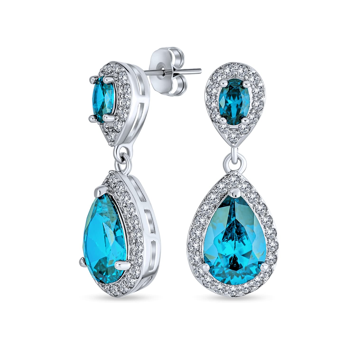 Simulated Blue Topaz Pave CZ Halo Teardrop Pear Shape Dangle Drop Statement Earrings For Women Prom Silver Plated — image 1
