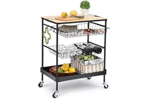 TOOLF Kitchen Island Serving Cart with Utility Wood Tabletop, 4-Tier Rolling Storage Cart with 2 Basket Drawers, Kitchen Cart with Wheels for Home, Dining Room, Bar, Restaurant, Hotel