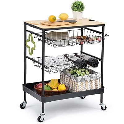 TOOLF Kitchen Island Cart with Wood Tabletop and 2 Basket Drawers