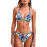 CUPSHE Women's Bikini Sets Two Piece Swimsuit V Neck Halter Back Self Tie Stitching Side Lace Up