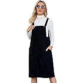 Flygo Women's Corduroy Jumper Overall Pinafore Midi Dress Skirt with Pockets