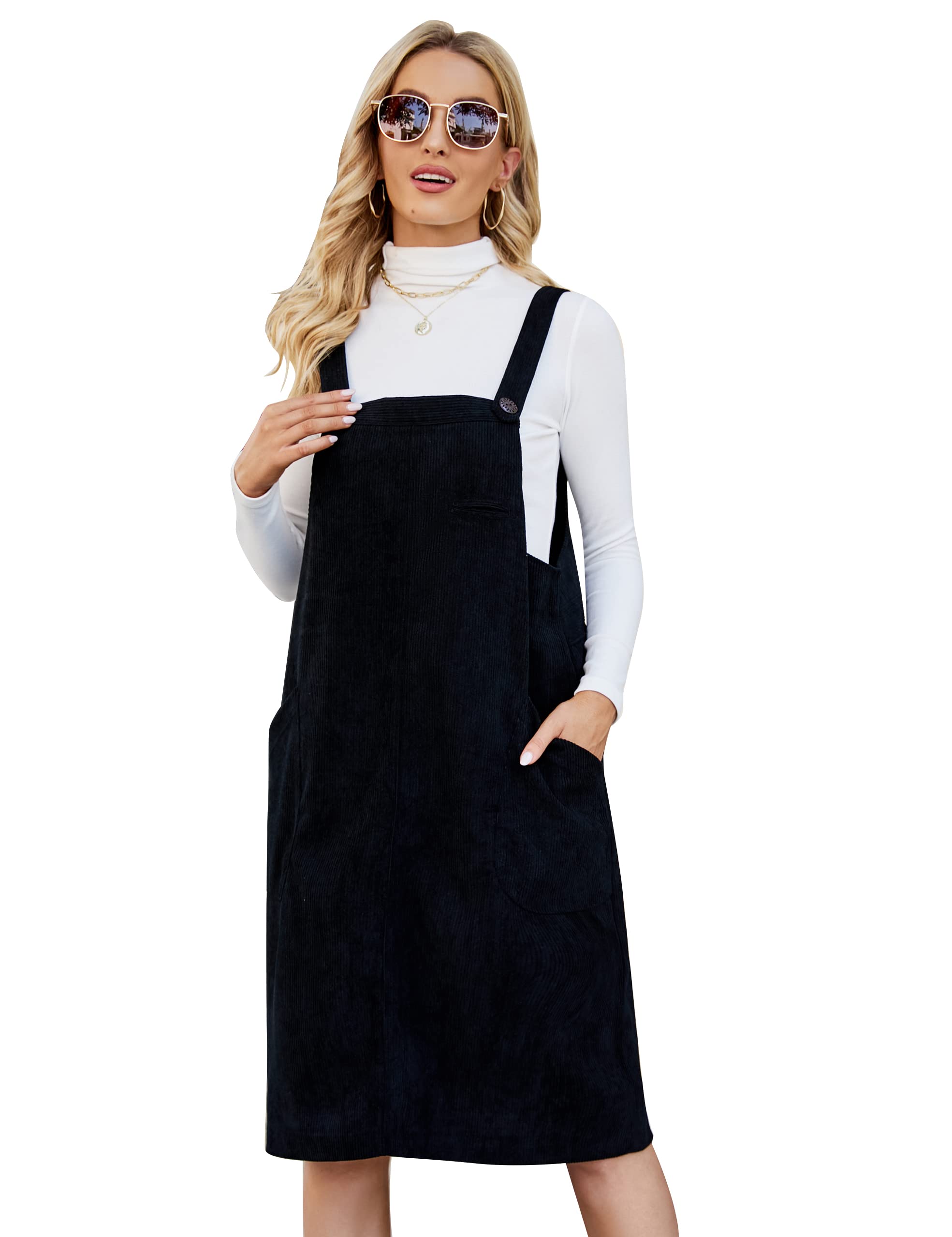Photo 1 of Flygo Women's Corduroy Jumper Overall Pinafore Midi Dress Skirt with Pockets(Black-M)