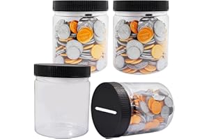 Mczxon Small Coin Bank Jars 4-Pack, 16oz Clear Plastic Coin Money Tip Coin Jars with Black Slotted Lids, Small Transparent Plastic Coin Money Piggy Banks Jars for Adults Teens Kids Girls Boys, Black