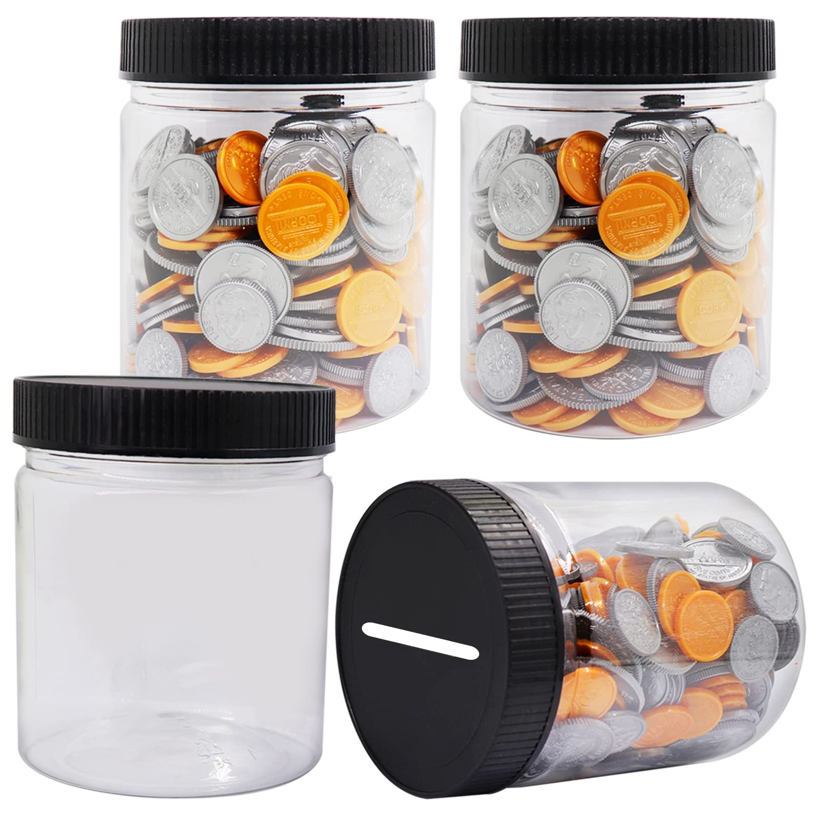 Mczcent Small Clear Plastic Coin Bank Jars 4-Pack, 16oz, with Black Slotted Lids, for Adults Teens Kids