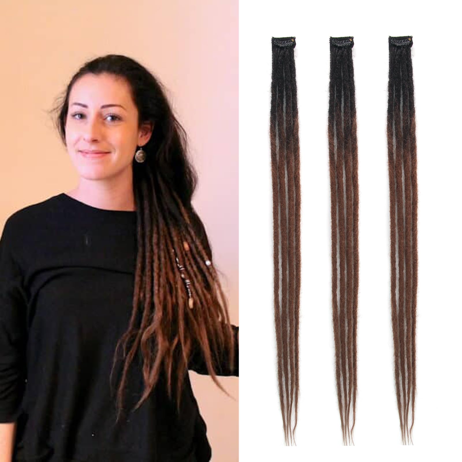 Dsoar Clip In Dreadlock Extensions 24 Inch 3PCS Handmade 0.6cm Synthetic Dreads with Clips Soft Crochet Loc Extensions