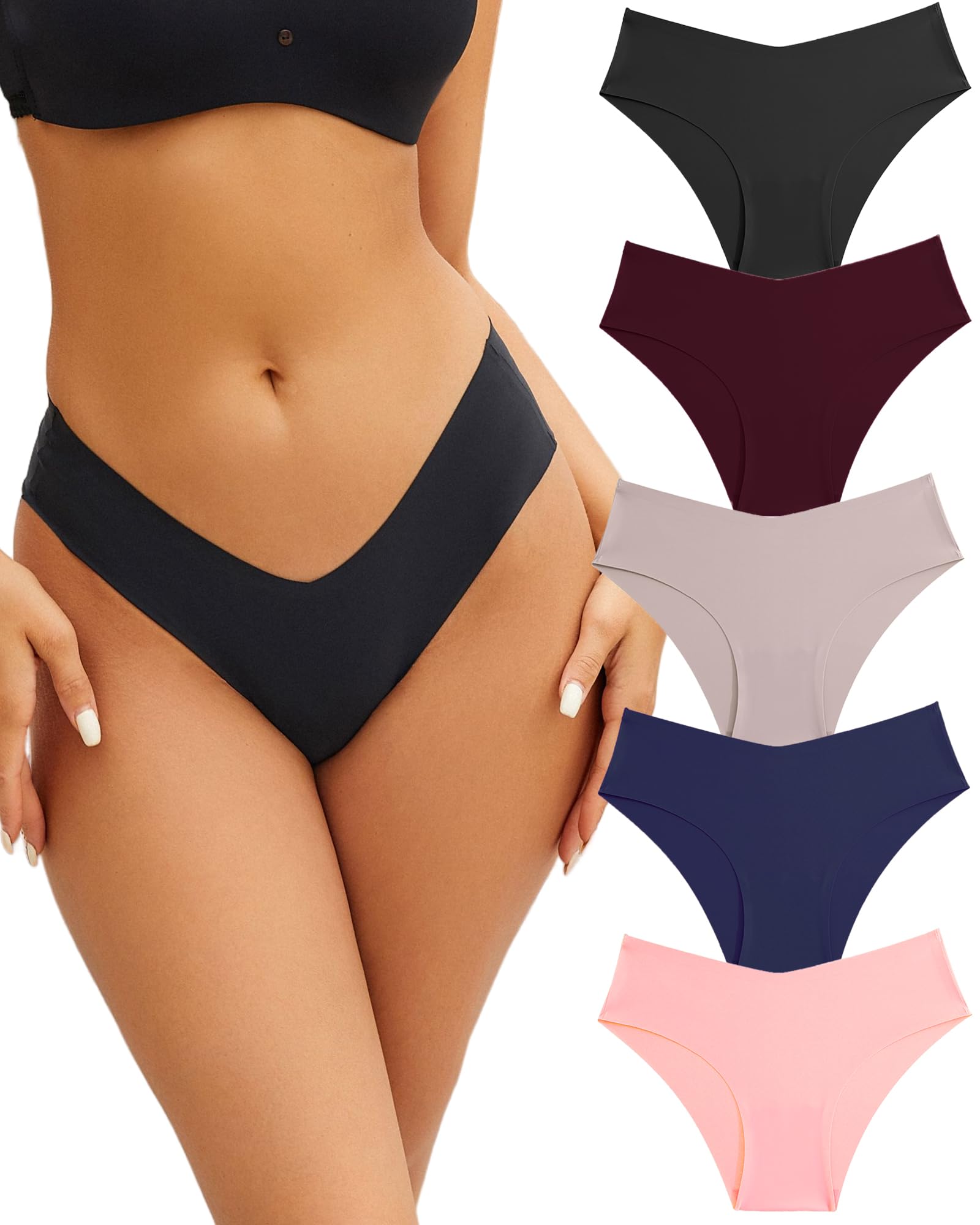 Photo 1 of Women’s Seamless Underwear Soft Stretch Briefs Invisibles Hipster V Cut cheeky No Show Bikini Panties 5 pack XS-L (M)