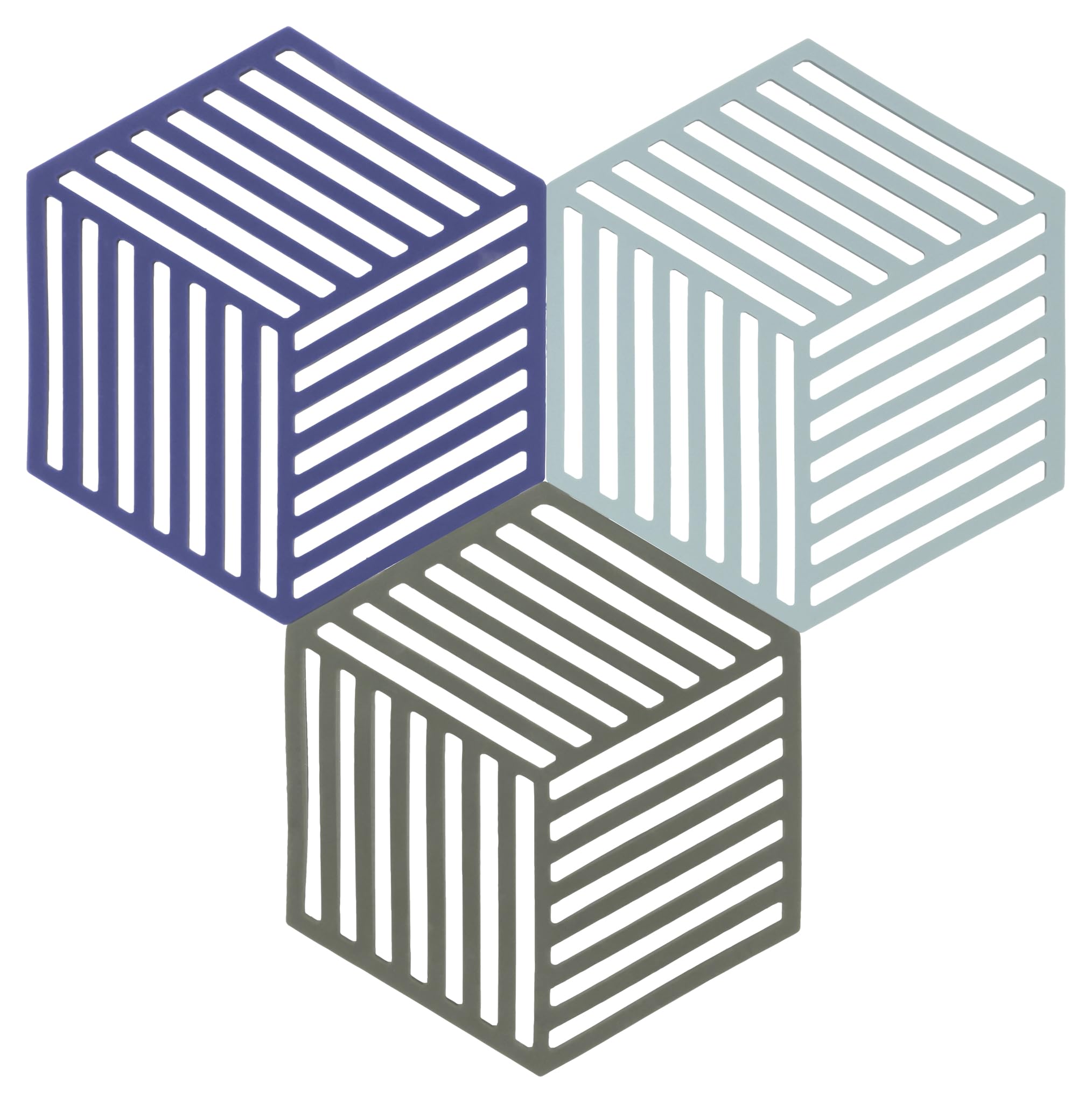 Zone Denmark Hexagon Trivets, Heat Resistant Silicone Pot Stands, Decorative & Practical Table Mats, Set of 3, 16 x 14 cm, Indigo/Fog/Olive Taupe