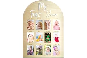 FLHRSM My First Year Photo Frame Board, 1st Birthday Girl Boy Gifts, Newborn Newmom Gift, 1 Year Old Girls Gifts, One Year Birthday Party Decorations, Baby Shower Baptism Favors, 12 Months Milestone