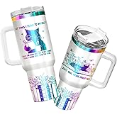 34HD Engraved Cat Mom Tumbler with Handle and Straw, 40oz Cute Gradient Book Cup Stainless Steel, Bookworm Coffee Mug, Cat and Book Birthday Gifts for Women Men Friends