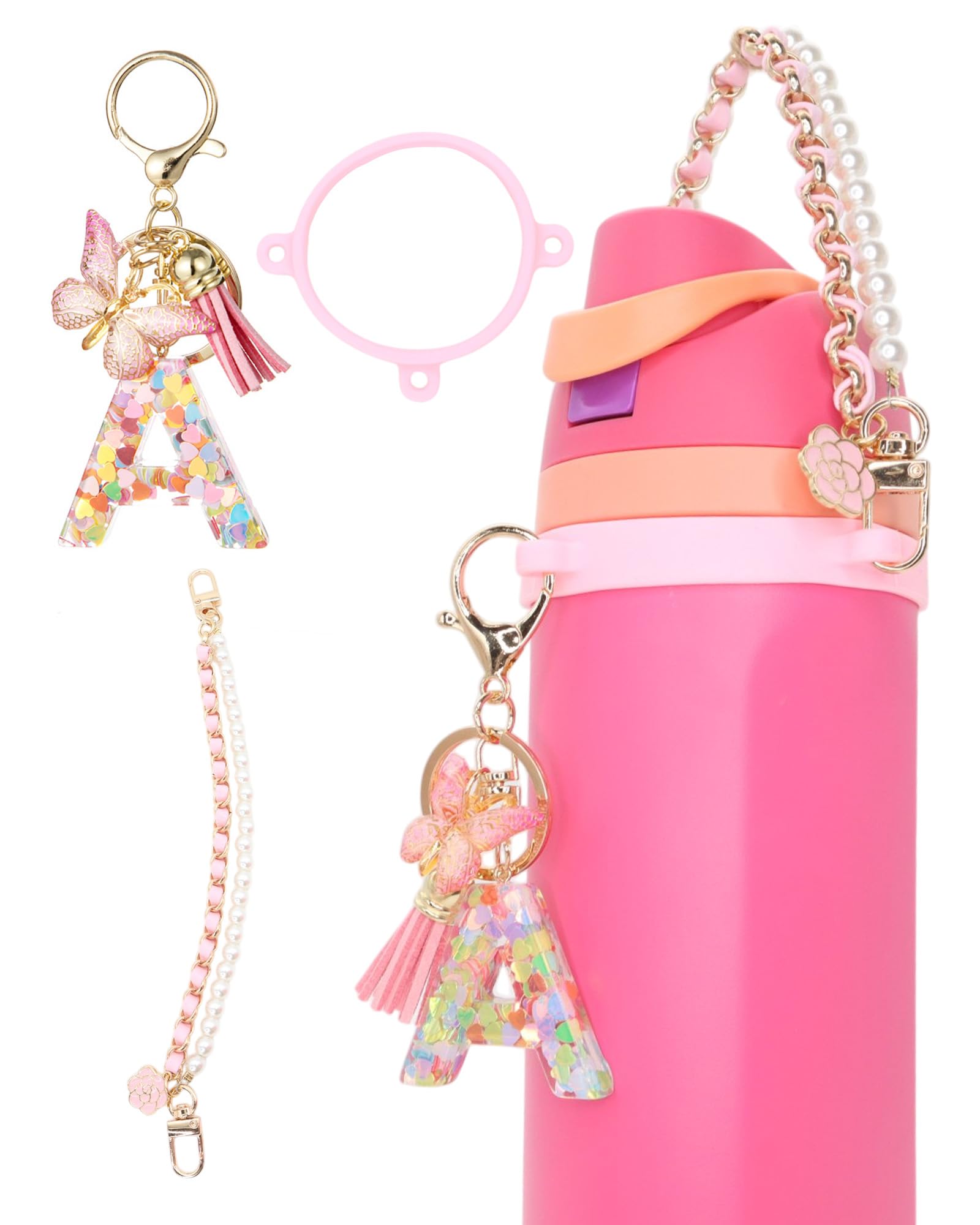 Photo 1 of TOVICE Letter Charm Accessories for Owala Water Bottle 24-40oz, 3PC Cute Initial Charms & Water Bottle Handle Strap with a Thick Elastic Silicone Ring Holder (Pink, A)