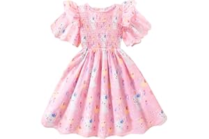 GOTHLETIC Little Girls Dress Ruffle Sleeve Floral Smocked Dresses Kids Casual Outfits Toddler Summer Tiered Boho Sundress 2-7T