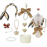 Stanley Cup Accessories set for 40oz & 30oz Tumbler including Water Bottle Handle Strap、Bow Keychain、Cup Ring、Bling Silicone Boots、butterfly Straw Topper、Charm Accessories for Stanley (brown)