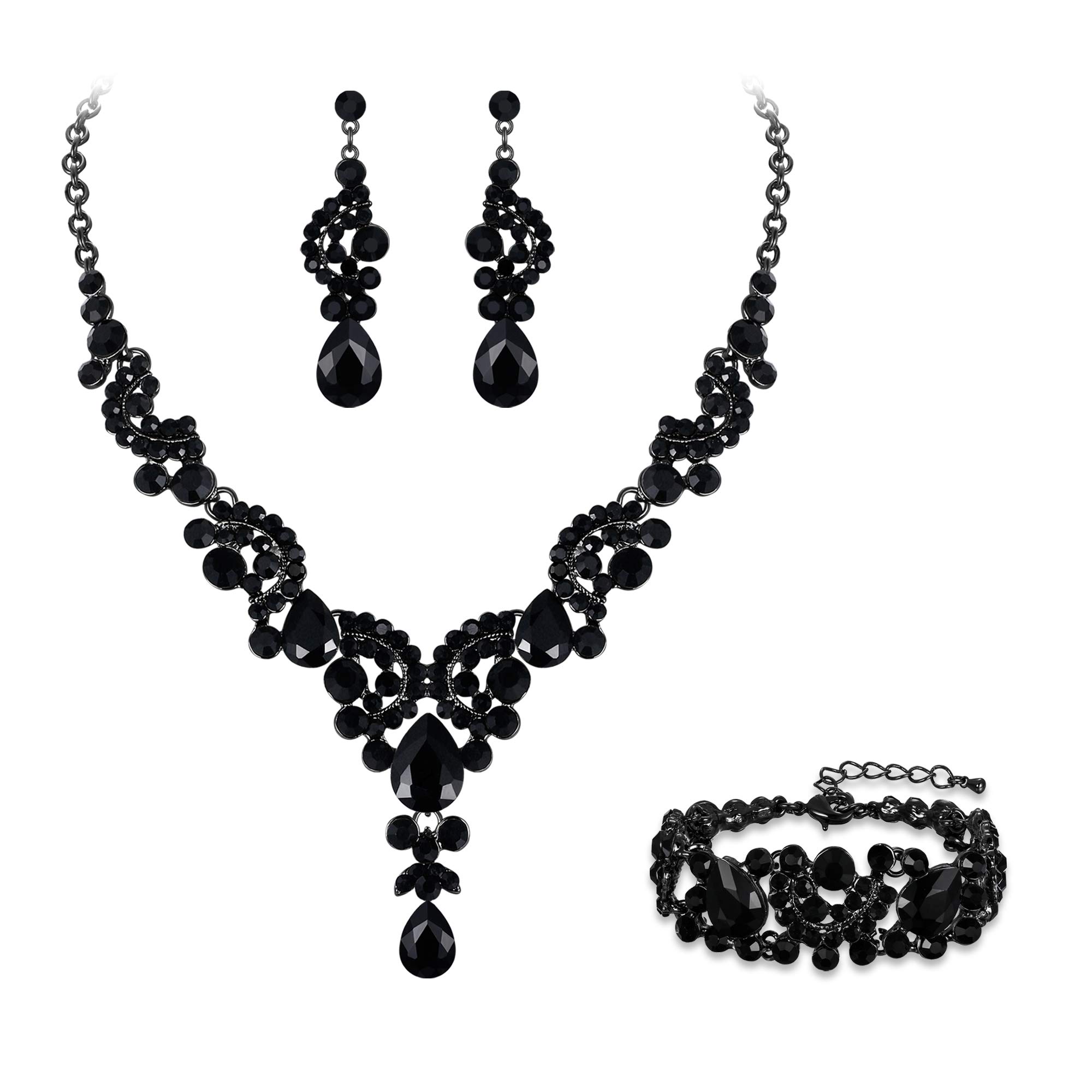 Ever Faith Wedding Jewellery Set for Women, Sparkly Rhinestone Crystal Vintage Floral Teardrop Brides Bridal Necklace Earrings Bracelet Sets Prom Party Costume Jewelry 3 Pcs Black Black-Tone