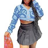 Women's Button Down Cropped Cardigan Y2K Long Sleeve V Neck Open Front Graphic Cardigan Sweaters Streetwear