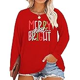 Plus Size Christmas Shirt Women Merry and Bright Christmas T Shirt Xmas Holiday Long Sleeve Fall Tops 2X-5X